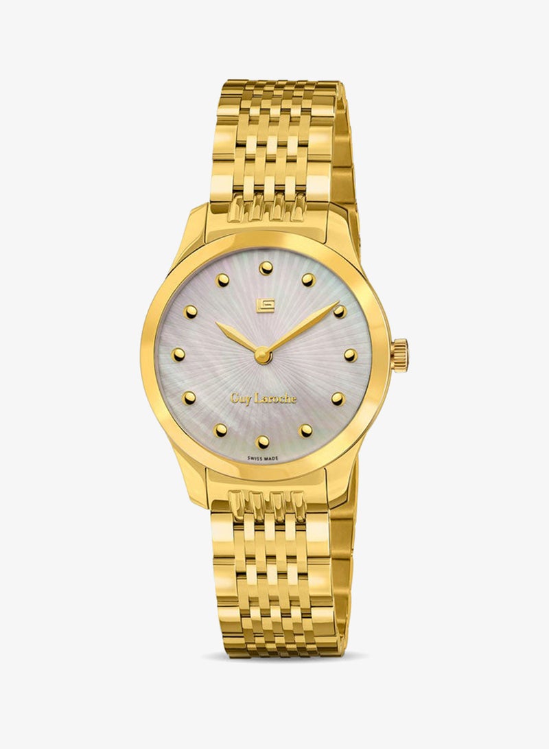 Guy Laroche Maxime 40mm Ladies Swiss Quartz Watch with White Mother-of-Pearl Fan Dial, Gold-Plated Stainless Steel Bracelet & Sapphire Glass - Image 1