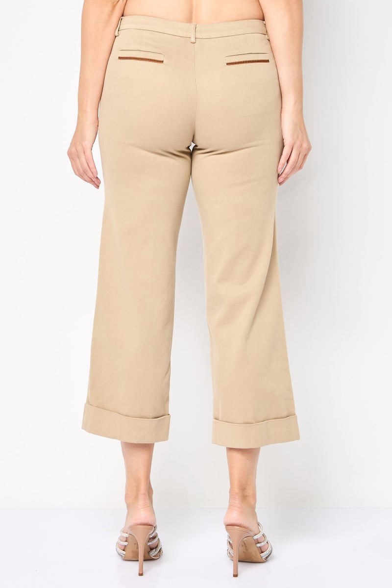 Harmont & Blaine Women Regular Fit Solid Cropped Pants, Khaki  - Image 4