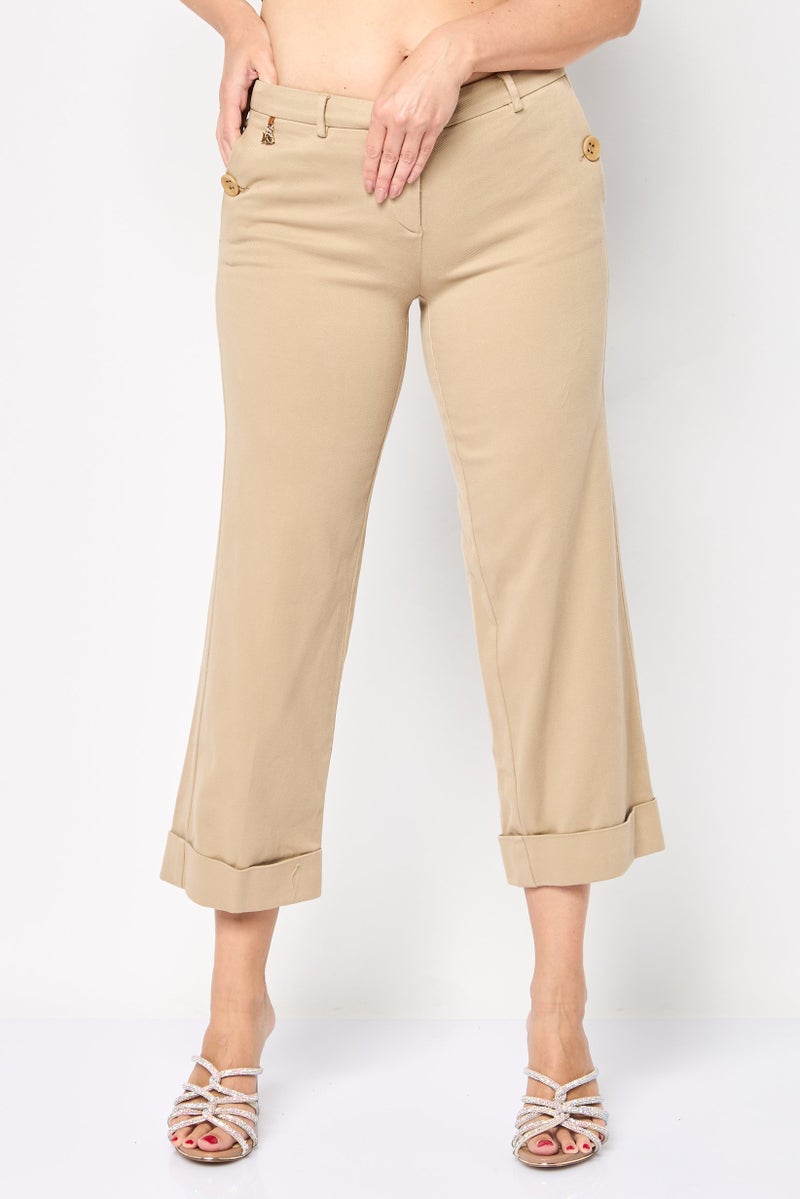 Harmont & Blaine Women Regular Fit Solid Cropped Pants, Khaki  - Image 1