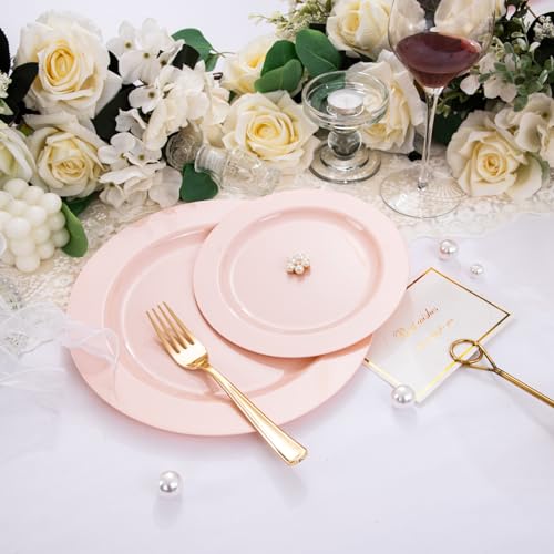 FLOWERCAT 60PCS Pink Plastic Plates - Heavy Duty Pink Plates Disposable for Easter Party/Mother's Day/Wedding - serving 30 guests Include 30PCS 10.25inch & 30PCS 7.5inch - Image 2