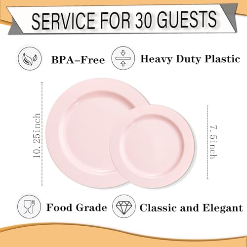 FLOWERCAT 60PCS Pink Plastic Plates - Heavy Duty Pink Plates Disposable for Easter Party/Mother's Day/Wedding - serving 30 guests Include 30PCS 10.25inch & 30PCS 7.5inch - Image 3