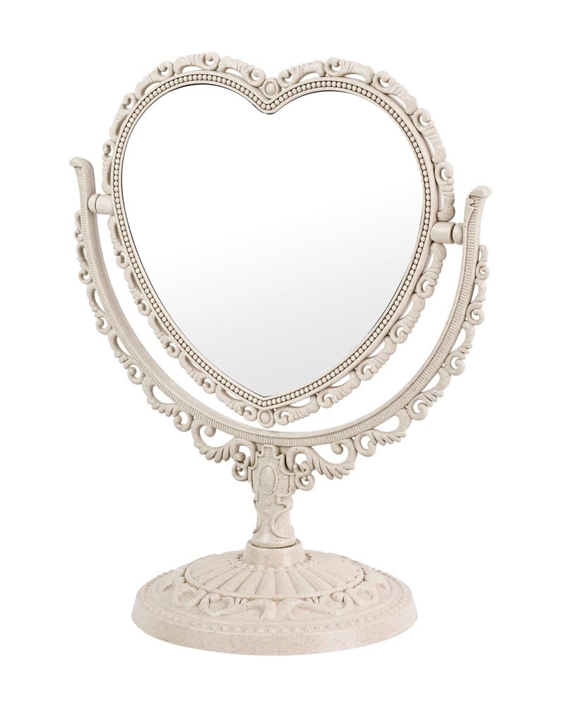 JDPEYI Heart Shaped Cute Vanity Princess Mirror for DeskDoubleSided Rotatable Table with Stand Downtown Girl Room Coquette Decor Beige - Image 2