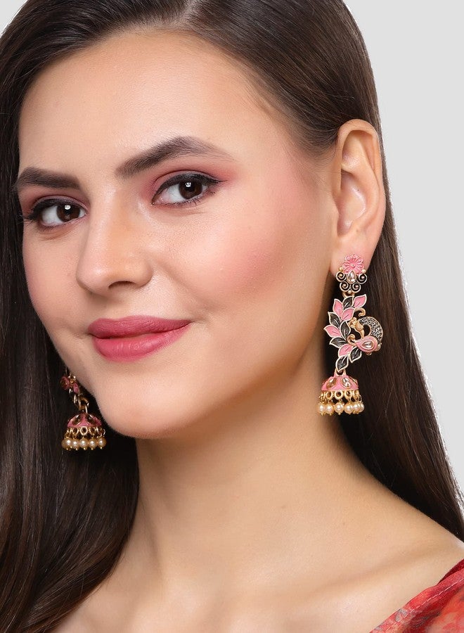 Karatcart Gold Plated Peacock Shape Pink Kundan Dangler Jhumki Earrings for Women - Image 2
