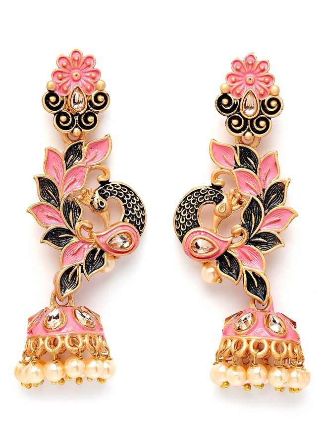 Karatcart Gold Plated Peacock Shape Pink Kundan Dangler Jhumki Earrings for Women - Image 1