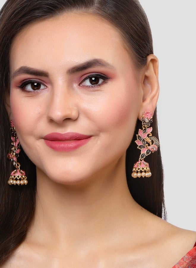 Karatcart Gold Plated Peacock Shape Pink Kundan Dangler Jhumki Earrings for Women - Image 3