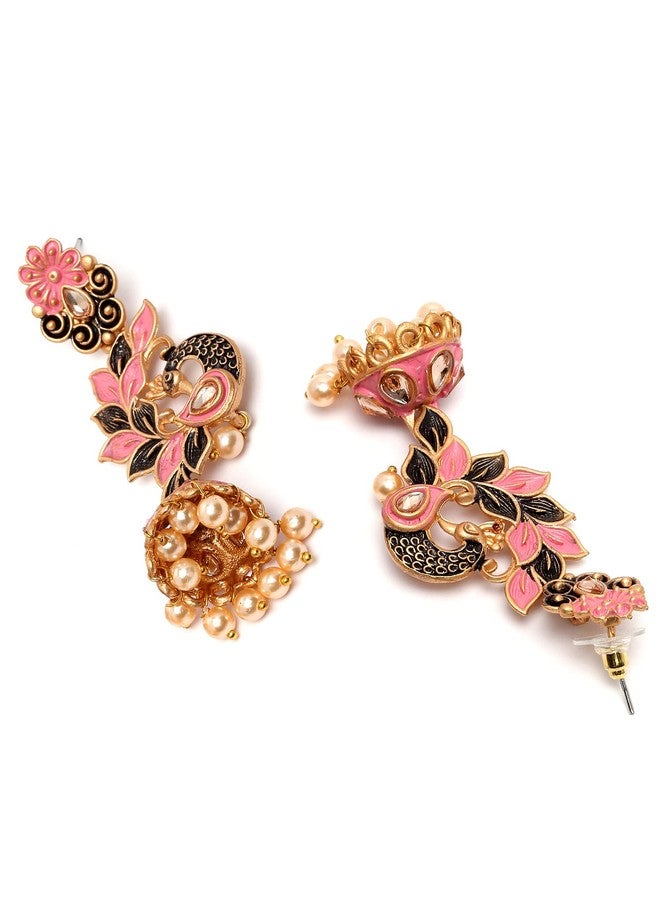 Karatcart Gold Plated Peacock Shape Pink Kundan Dangler Jhumki Earrings for Women - Image 5