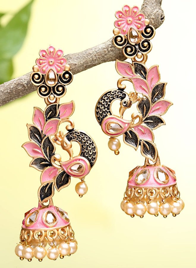Karatcart Gold Plated Peacock Shape Pink Kundan Dangler Jhumki Earrings for Women - Image 4