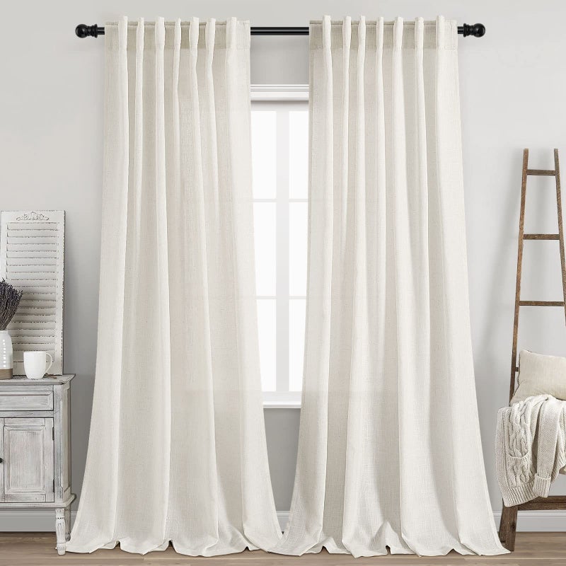 Nanspring Back Tab Linen Curtains 96 inches Long 2 Panels Set for Living Room Sliding Glass Door Ivory Cream Semi Sheer Curtains Light Filtering Canvas Cloth Linen Drapes 96 inch Floor to Ceiling Length - Image 1