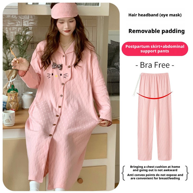 Jacquard Pure Cotton Maternity Nursing Nightgown with Built-in Bra - Image 2