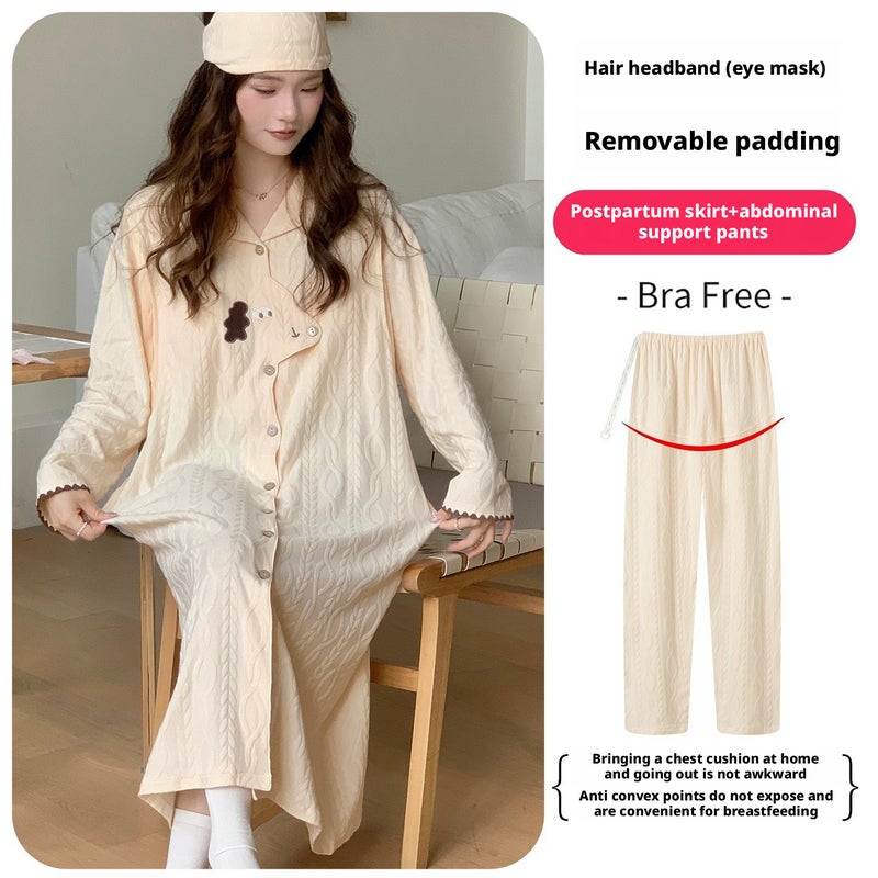 Jacquard Pure Cotton Maternity Nursing Nightgown with Built-in Bra - Image 1