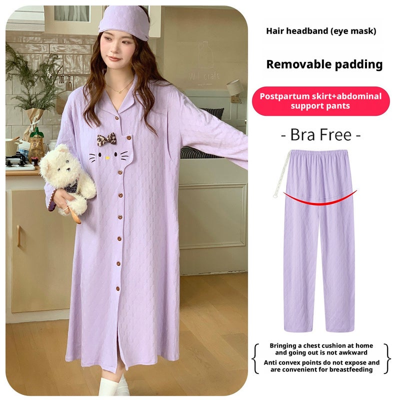 Jacquard Pure Cotton Maternity Nursing Nightgown with Built-in Bra - Image 3