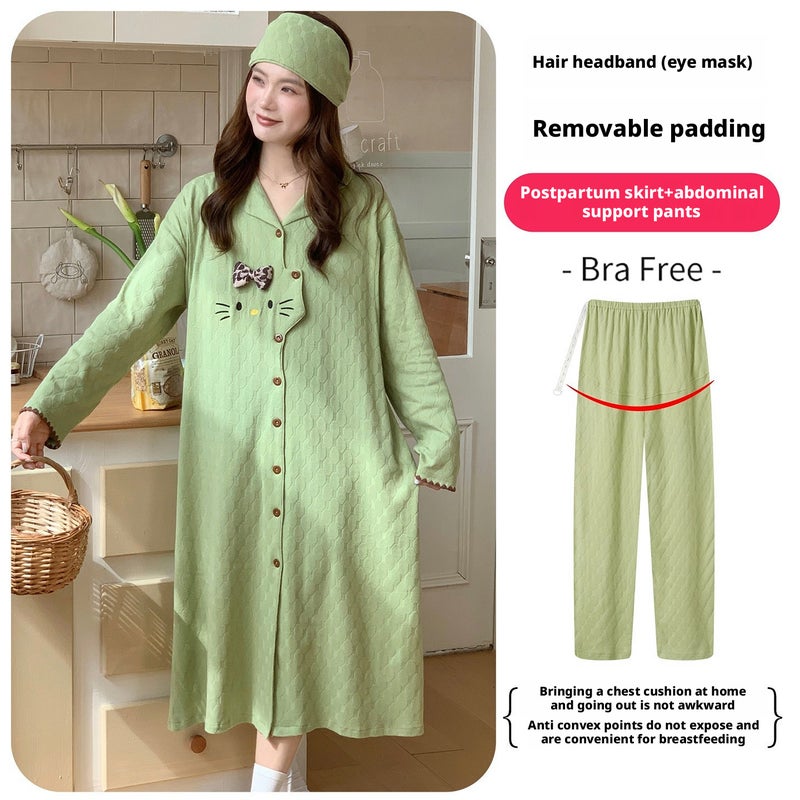 Jacquard Pure Cotton Maternity Nursing Nightgown with Built-in Bra - Image 4