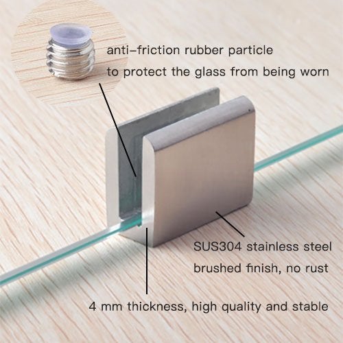 Orhemus 4pcs Adjustable 304 Stainless Steel Glass Clip Clamp Shelf Holder Bracket Support 0.23"-0.35", Brushed Finish Flat Surface, 2 Pairs Wall Mounted - Image 4