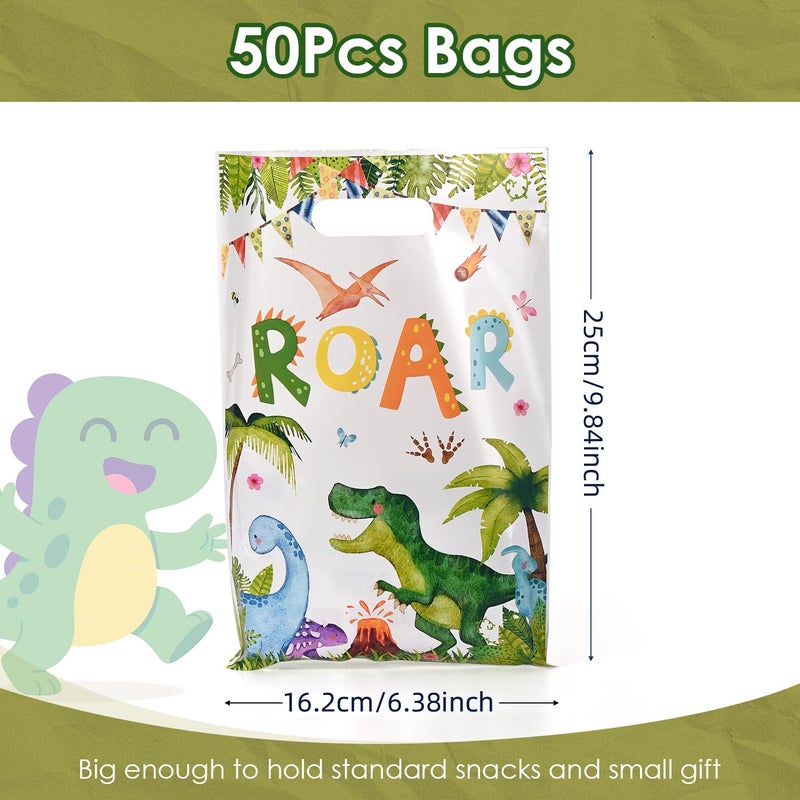 HappFestiv 50 Pcs Dinosaur Party Favor Bags with Handles - Plastic Treat Bags for Candy & Small Gifts, Bulk Supplies for Wedding Baby Shower Goodie Bags, Holiday Gift Bags for Thanksgiving Halloween Christmas New Years, Birthday Party Decorations - Image 2