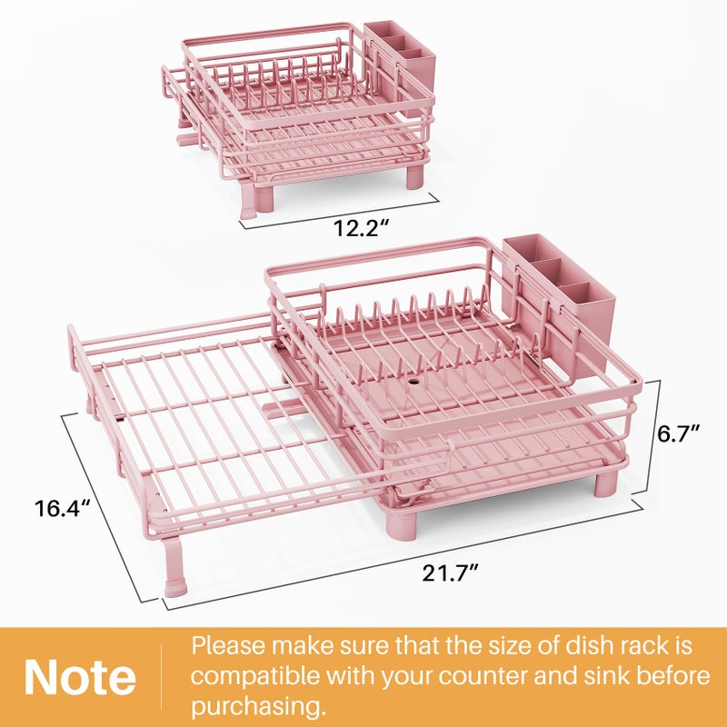 SNTD Dish Drying Rack - Extendable Dish Rack, Large Sink Drying Dish Drainer for Kitchen Counter, Stainless Steel Dish Strainer with Utensil Holder (Pink) - Image 2