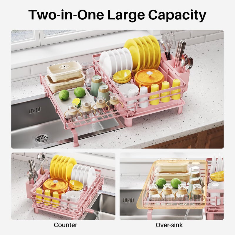 SNTD Dish Drying Rack - Extendable Dish Rack, Large Sink Drying Dish Drainer for Kitchen Counter, Stainless Steel Dish Strainer with Utensil Holder (Pink) - Image 3
