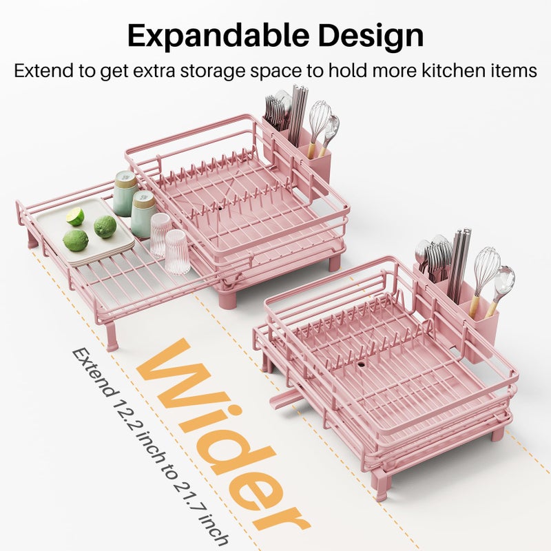 SNTD Dish Drying Rack - Extendable Dish Rack, Large Sink Drying Dish Drainer for Kitchen Counter, Stainless Steel Dish Strainer with Utensil Holder (Pink) - Image 5