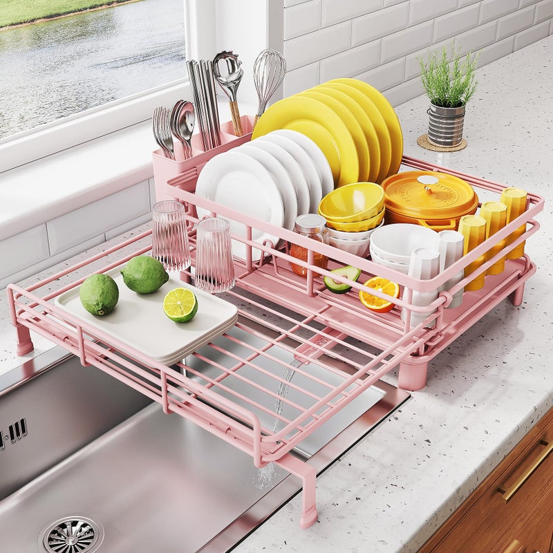 SNTD Dish Drying Rack - Extendable Dish Rack, Large Sink Drying Dish Drainer for Kitchen Counter, Stainless Steel Dish Strainer with Utensil Holder (Pink) - Image 1