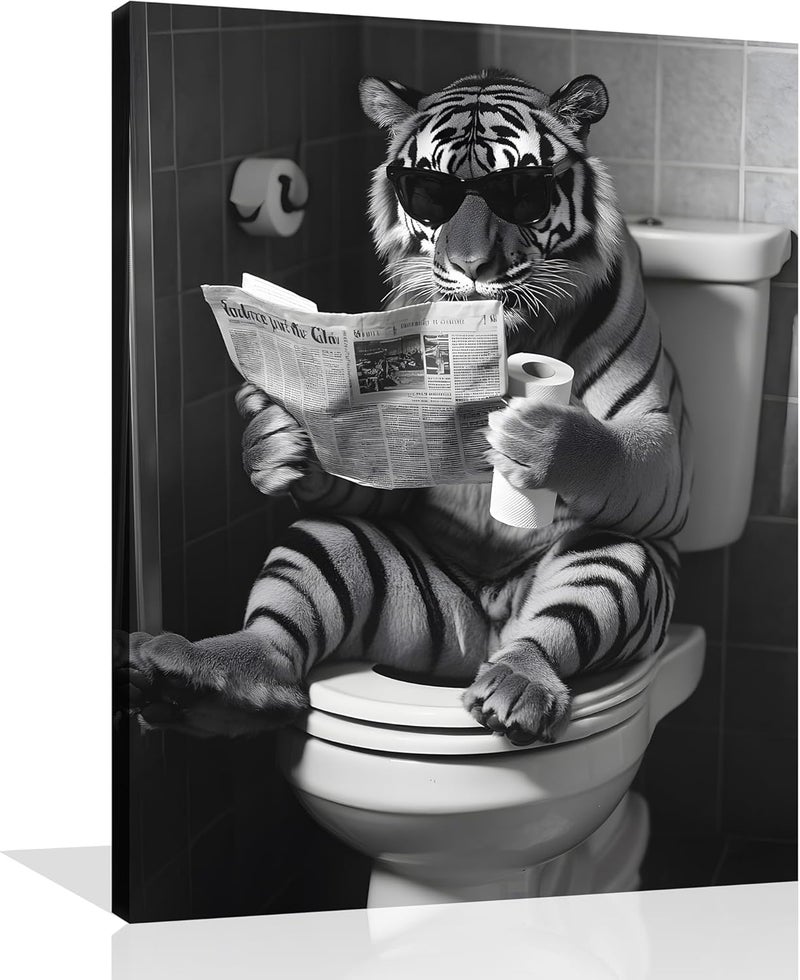OWNANRTHM Funny Tiger Bathroom Canvas Wall Art - Image 1