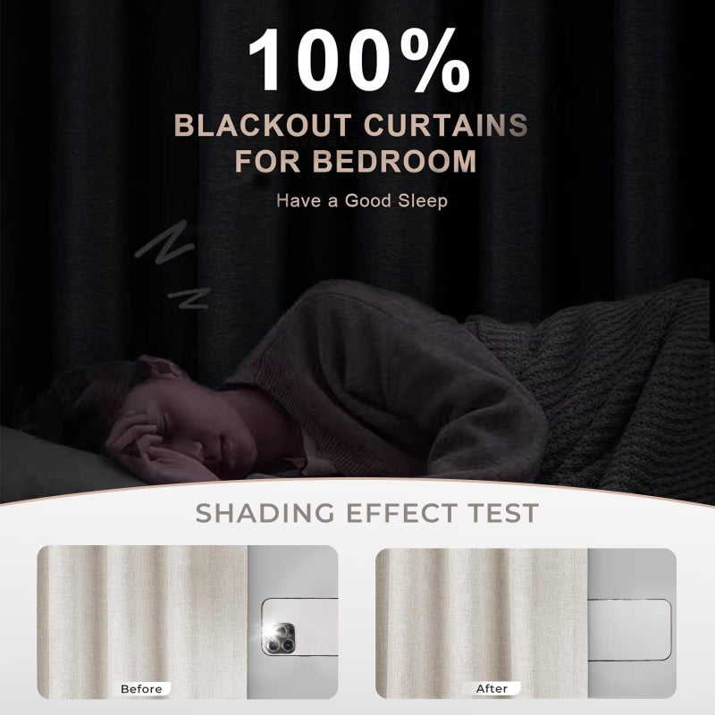 INOVADAY 100% Blackout Curtains 120 Inches Long  Linen Black Out Curtains 120 Inches Long 2 Panels Set  Back Tab/Rod Pocket Room Darkening Long Curtains for Bedroom - Beige  W50 X L120 - Image 4