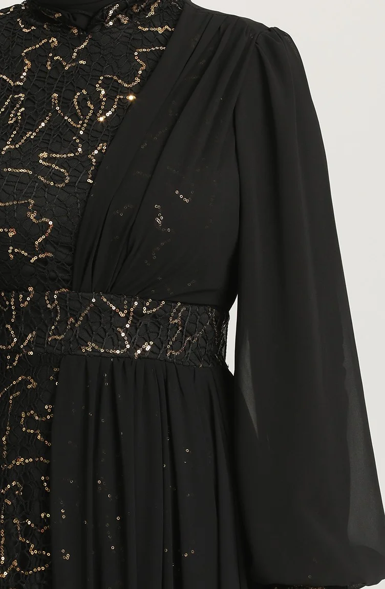 Sefa Merve Sequin Evening Dress 5408A-01 Black Gold