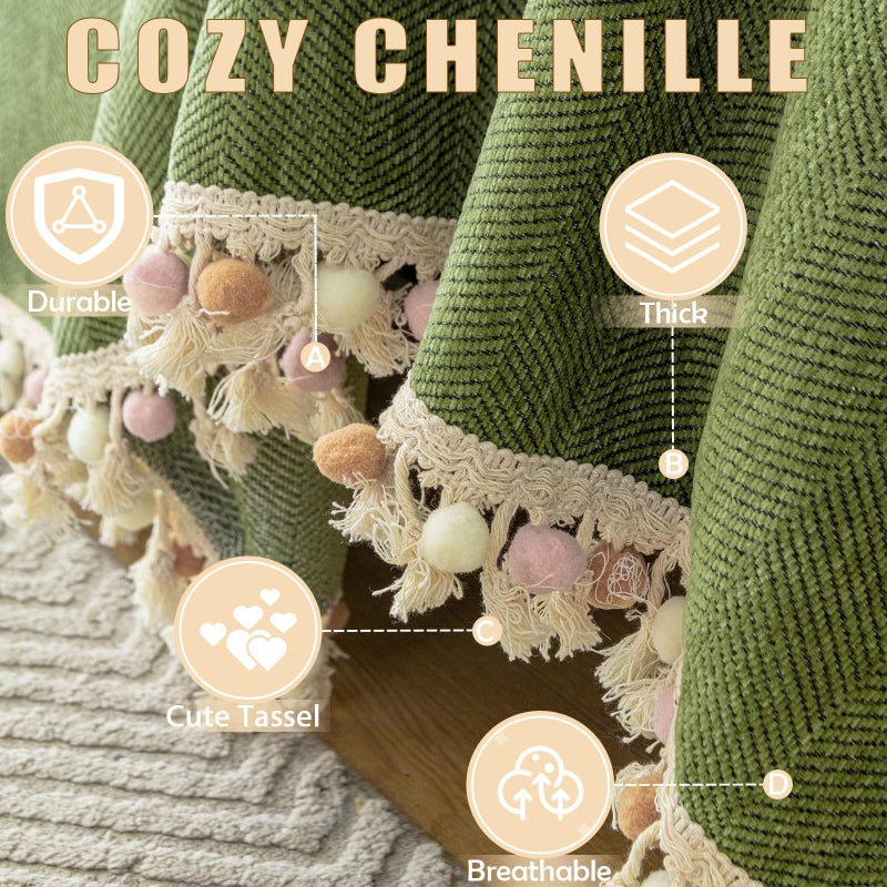 HANDONTIME Green Sofa Cover Vintage Couch Cover for Dogs 71" X118" Couch Cushion Covers with Tassel Herringbone Sofa Cover Boho Sofa Covers for 3 Cushion Couch Chenille Soft Loveseat Sofa Covers - Image 2