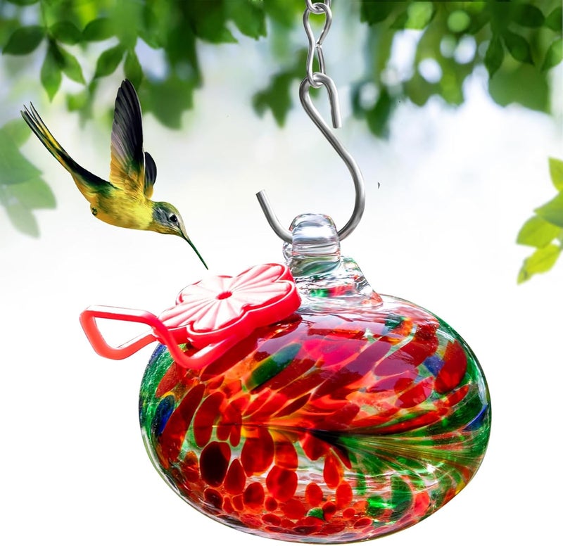 Nxpceay Small Hummingbird Feeder for Outdoors,Hand Blown Glass Humming Bird Feeders with Perch,Never Leak,Garden Patio Decor for Window(Red) - Image 1