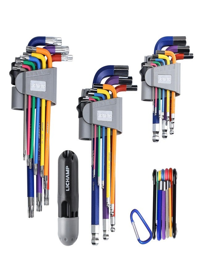 Lichamp مجموعة مفاتيح ألين قوس قزح من ليشامب، 37 قطعة، مجموعة مفاتيح سداسية توركس مترية مع ذراع قصير وطويل قابل للطي بألوان زاهية، طرف كروي وطرف توركس، متري من 1.5 إلى 10 مم، من T10 إلى T50 - Image 1
