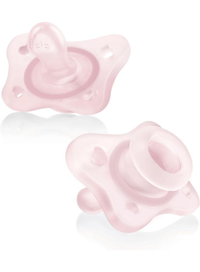 Chicco شيكو فيزيوفورما® مصاصة صغيرة من السيليكون الناعم 100% للأطفال من 0-2 أشهر | خالية من BPA واللاتكس | علبة تعقيم قابلة لإعادة الاستخدام | وردي، 2 حبة - Image 1