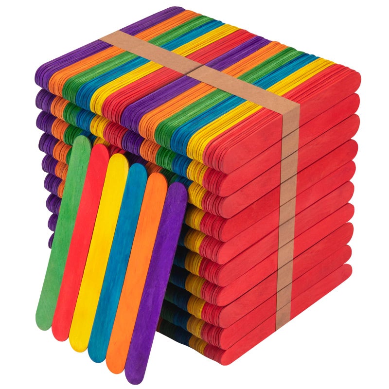 WISYOK 1000 Pcs 6 Colored Jumbo Craft Sticks Wooden Rainbow Popsicle Wide Lollipop Sticks Ideal for DIY Crafts Childrens Education