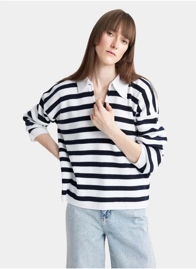 ديفاكتو Regular Fit Striped Polo Neck Sweater by Styli
