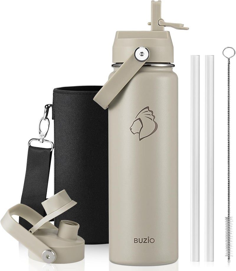 BUZIO 24 oz Water Bottle Insulated, Leakproof Stainless Steel Flask (Cold for 48 Hrs), Wide Mouth BPA-Free Metal Thermo Hydro Canteen with 2 Lids, Greige - Image 1