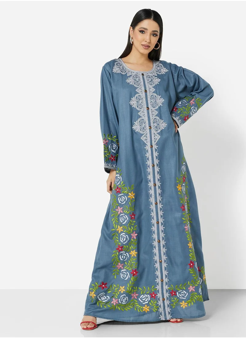 HANA & SARA HIGH QUALITY SLUB RAYON JALABIYA WITH MULTI COLOR THICK MOROCAN THREAD EMBROIDERY