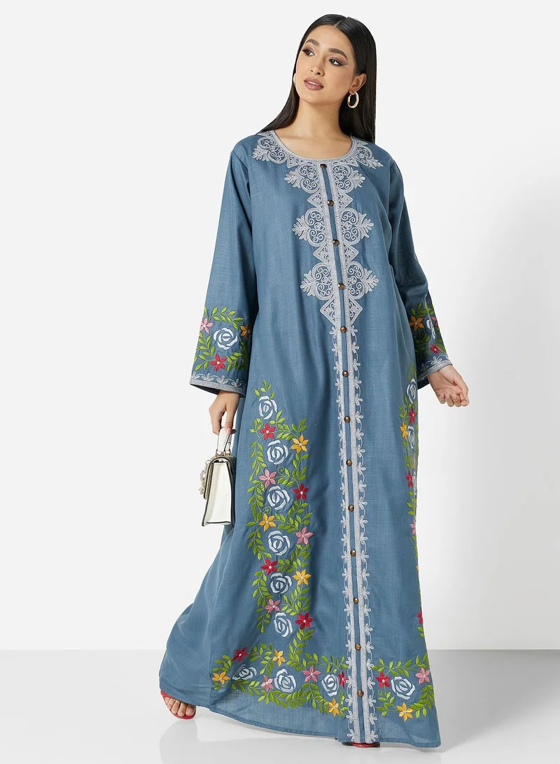 HANA & SARA HIGH QUALITY SLUB RAYON JALABIYA WITH MULTI COLOR THICK MOROCAN THREAD EMBROIDERY