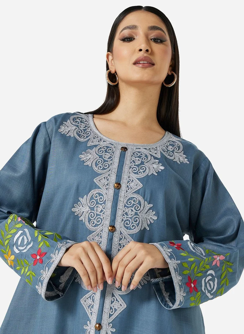 HANA & SARA HIGH QUALITY SLUB RAYON JALABIYA WITH MULTI COLOR THICK MOROCAN THREAD EMBROIDERY