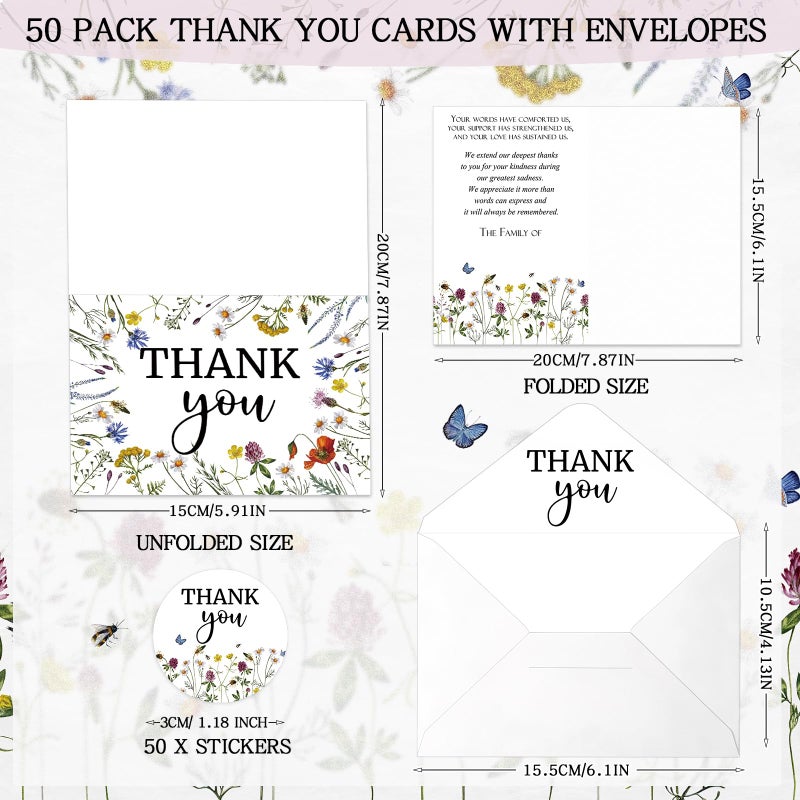 Fumete 50 Set Funeral Thank You Cards with Envelopes and Stickers Thank You Sympathy Cards with Meaningful Message Bereavement for Funeral Family Loved Ones Celebration of Life(Wildflowers) - Image 2