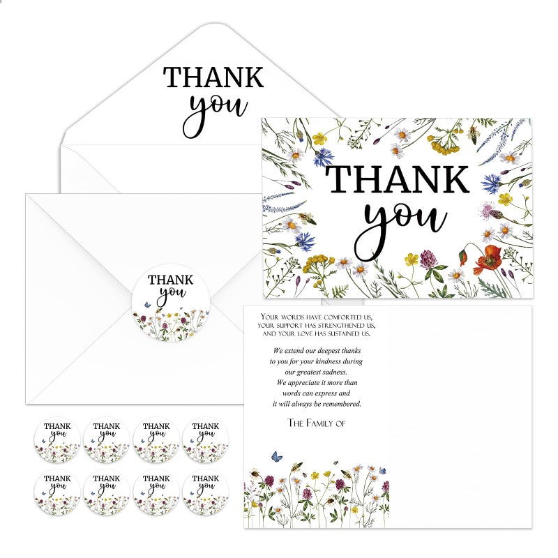 Fumete 50 Set Funeral Thank You Cards with Envelopes and Stickers Thank You Sympathy Cards with Meaningful Message Bereavement for Funeral Family Loved Ones Celebration of Life(Wildflowers) - Image 1