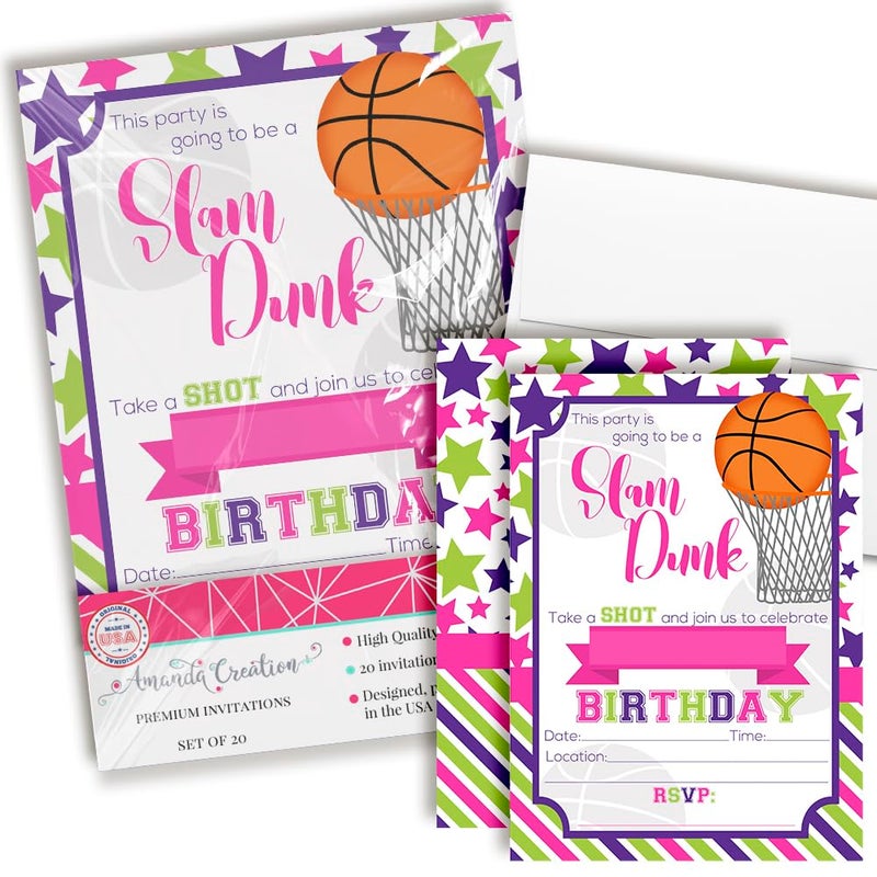 Slam Dunk Basketball Themed Birthday Party Invitations for Girls 20 5x7 Fill In Cards with Twenty White Envelopes by AmandaCreation