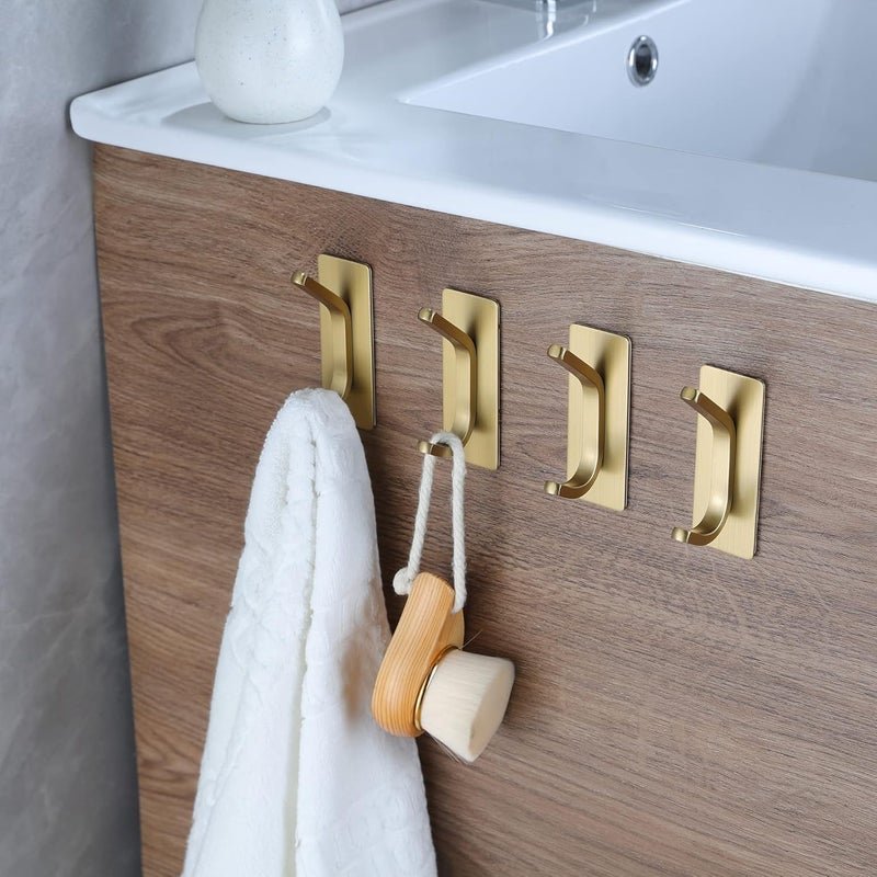 AMROAH 4pcs Stainless Steel Adhesive Hooks Wall Mounted, Heavy Duty Storage Wall Mount Hooks for Hanging Coat Clothes Towels Hat Bags for Home Entryway Bathroom Bedroom Kitchen Living Room (Gold) - Image 3