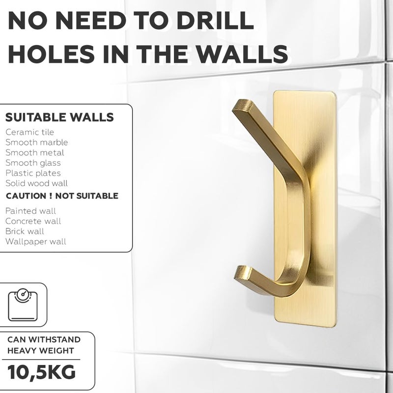 AMROAH 4pcs Stainless Steel Adhesive Hooks Wall Mounted, Heavy Duty Storage Wall Mount Hooks for Hanging Coat Clothes Towels Hat Bags for Home Entryway Bathroom Bedroom Kitchen Living Room (Gold) - Image 4