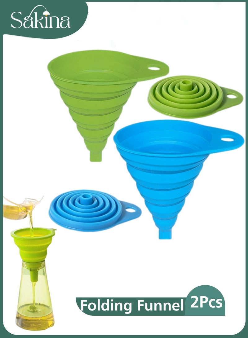 سكينة العربية: مجموعة 2 قمع سيليكون قابل للطي، قمع مطبخ قابل للتمدد للطعام بدرجة آمنة، بفوهة ضيقة وعريضة لنقل السوائل أو البودرة، للتخزين السهل والتخييم (أخضر + أزرق) - Image 1