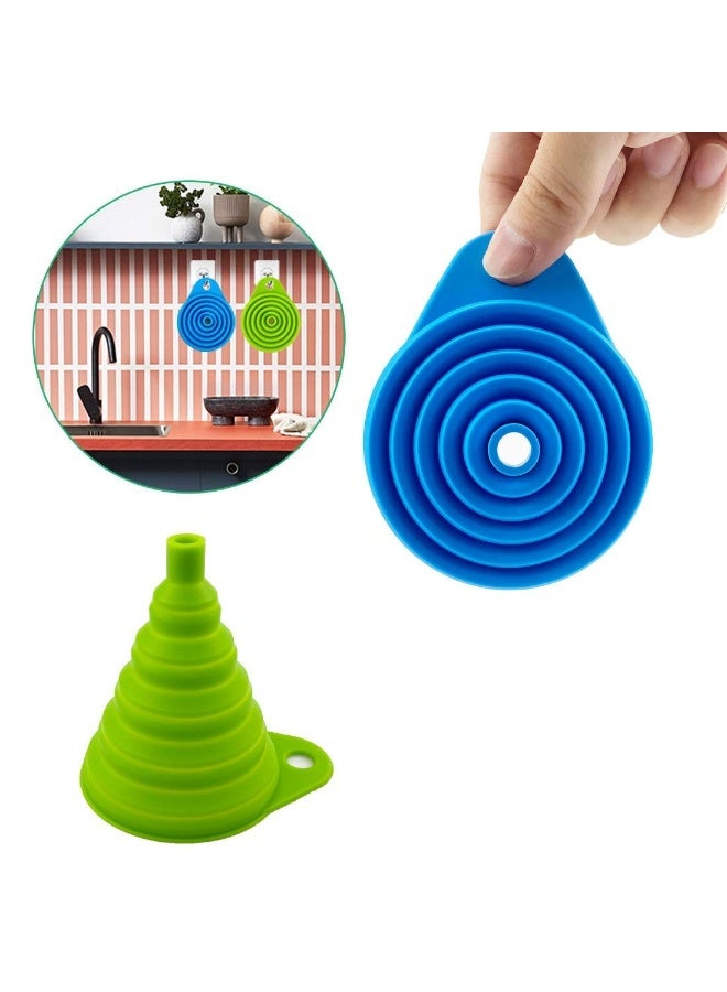 سكينة العربية: مجموعة 2 قمع سيليكون قابل للطي، قمع مطبخ قابل للتمدد للطعام بدرجة آمنة، بفوهة ضيقة وعريضة لنقل السوائل أو البودرة، للتخزين السهل والتخييم (أخضر + أزرق) - Image 4