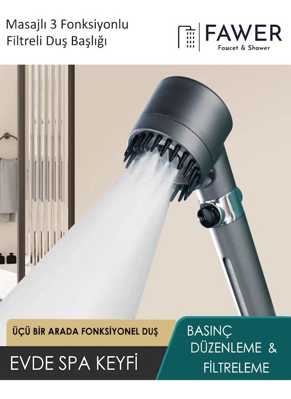 FAWER Faucet & Shower Filtered 3 Function High Pressure Comb Start Stop Gray Bathroom Shower Head  - Image 1