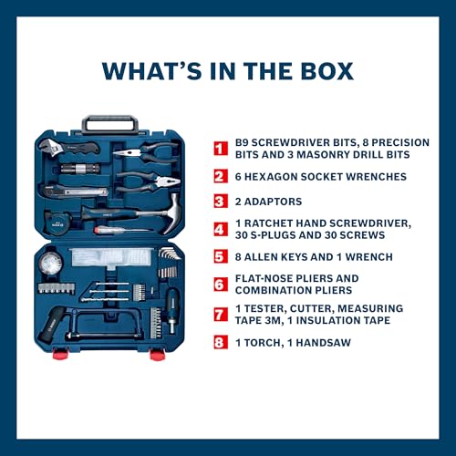BOSCH ‎ All-in-One Hand Tool Kit, 108 Pieces, Rachet Screwdriver & Allen Key, Multiple Drill Bits, Additional Performance Tool, Blue, Hard Case - Image 2
