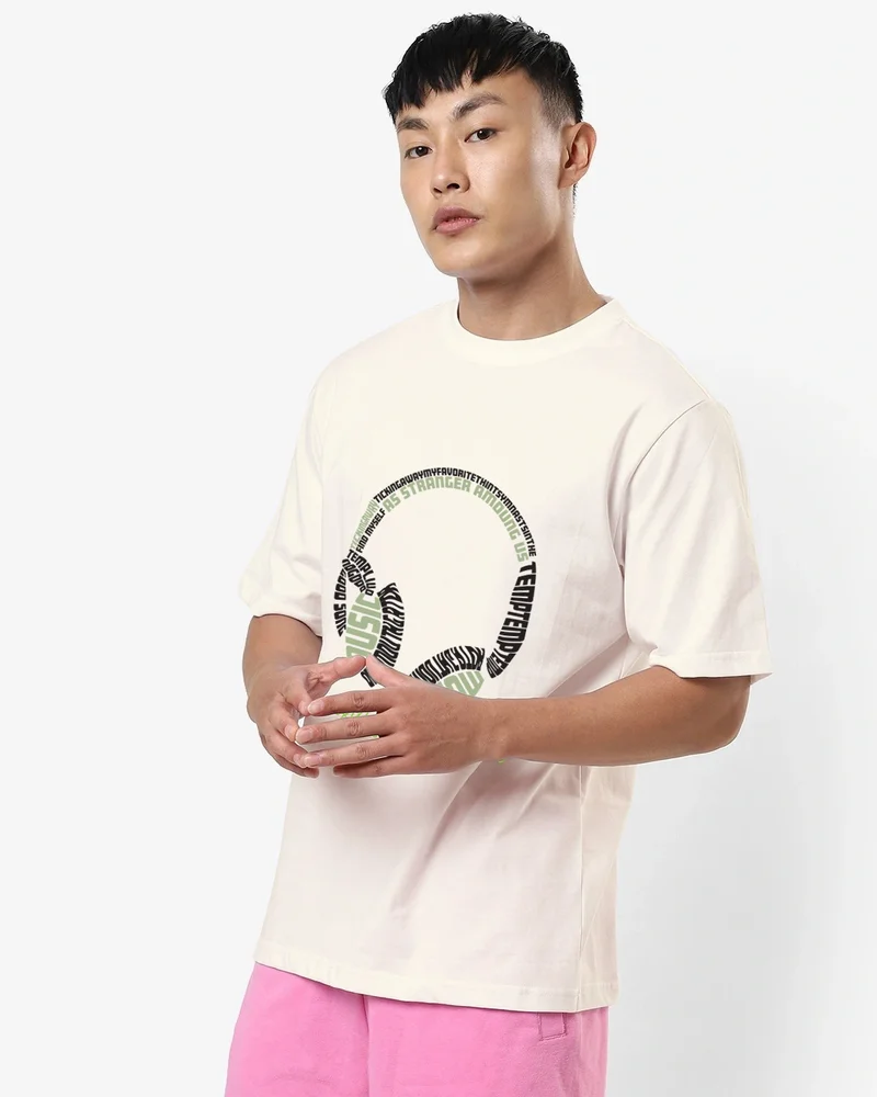 bewakoof Men's Gardenia Music Feeds My Soul Graphic Printed Oversized T-shirt