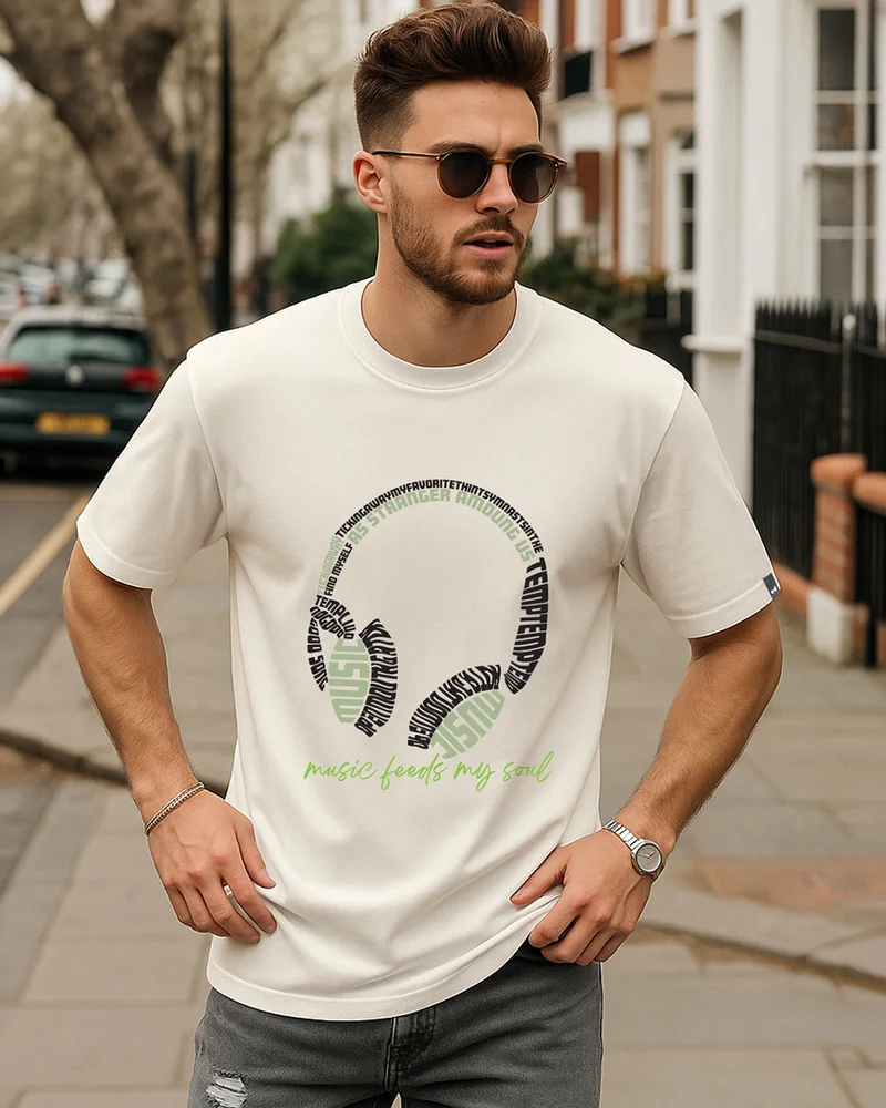 bewakoof Men's Gardenia Music Feeds My Soul Graphic Printed Oversized T-shirt