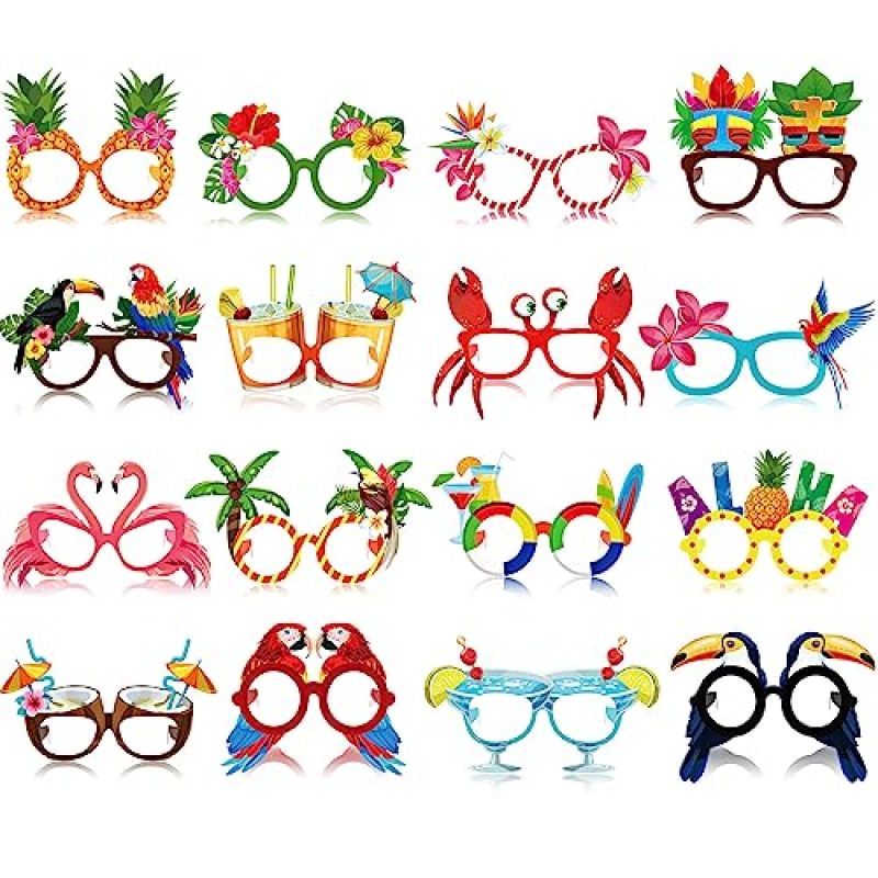 Tropical Paper Glasses 16 Pack Double-Sided DIY Customization Fun Luau Party Sunglasses - Essential Festive Event Gear for Beach Bash Decorations Hawaiian Photo Booth Props - Image 1