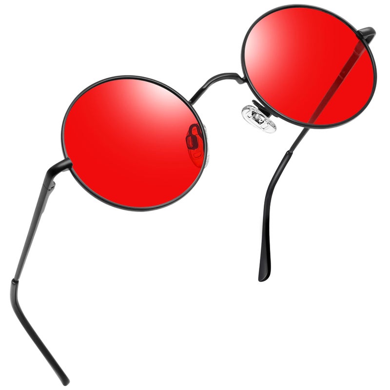 Joopin Small Round Sunglasses Circle Shades for Women Men Metal Circular Sun Glasses UV Protection Hippie Sunnies (Black Tinted Red) - Image 1