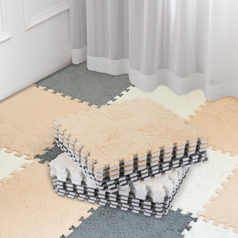 Amylove 72 Pieces Plush Foam Floor Mat Square Interlocking Carpet Tiles with Border 12 x 12 x 04 in Fluffy Play Mat Floor Tiles Soft Climbing Area Rugs for Home PlayroomWhite Gray Beige - Image 2
