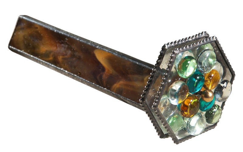 J Devlin Glass Art J Devlin Kal 112 Kaleidoscope Double Wheel in Brown Opalescent with Colorful Glass Stones Gift - Image 2